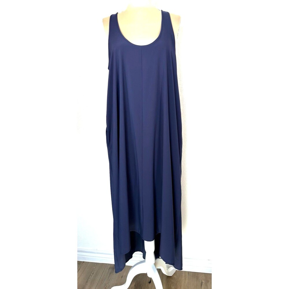 Athleta Presidio Dress Womens M Navy Blue High Low Maxi Racerback Travel Pockets